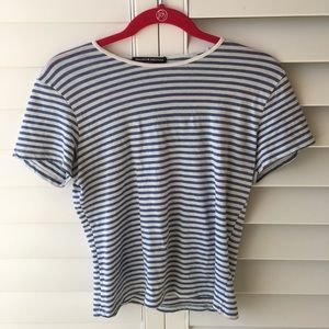 blue and white striped tee shirt